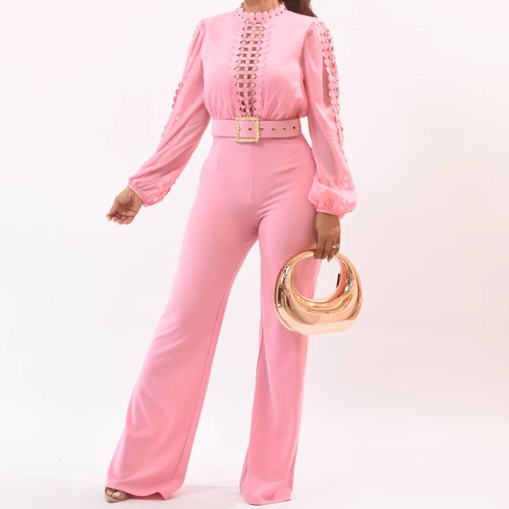 Chic Pink Belted Jumpsuit M